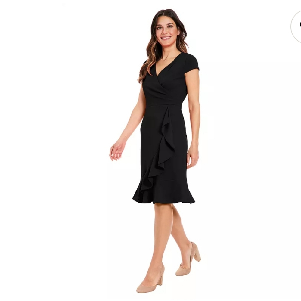 NWT London Times Cascade Ruffle Faux-Wrap Dress Size 10 In Navy